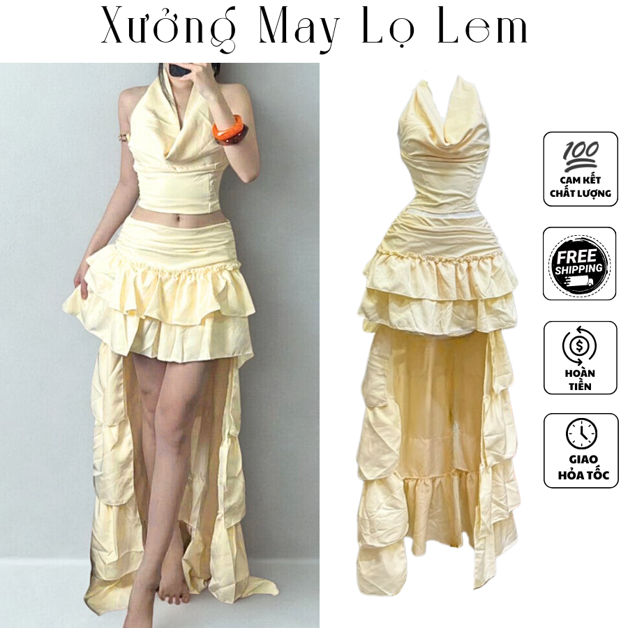 (HCMC EXPRESS) ชุดยกทรงดีไซน์คอปกและกระโปรงหางชั้น (มะม่วง) K6257_XUONGMAYLOLEM