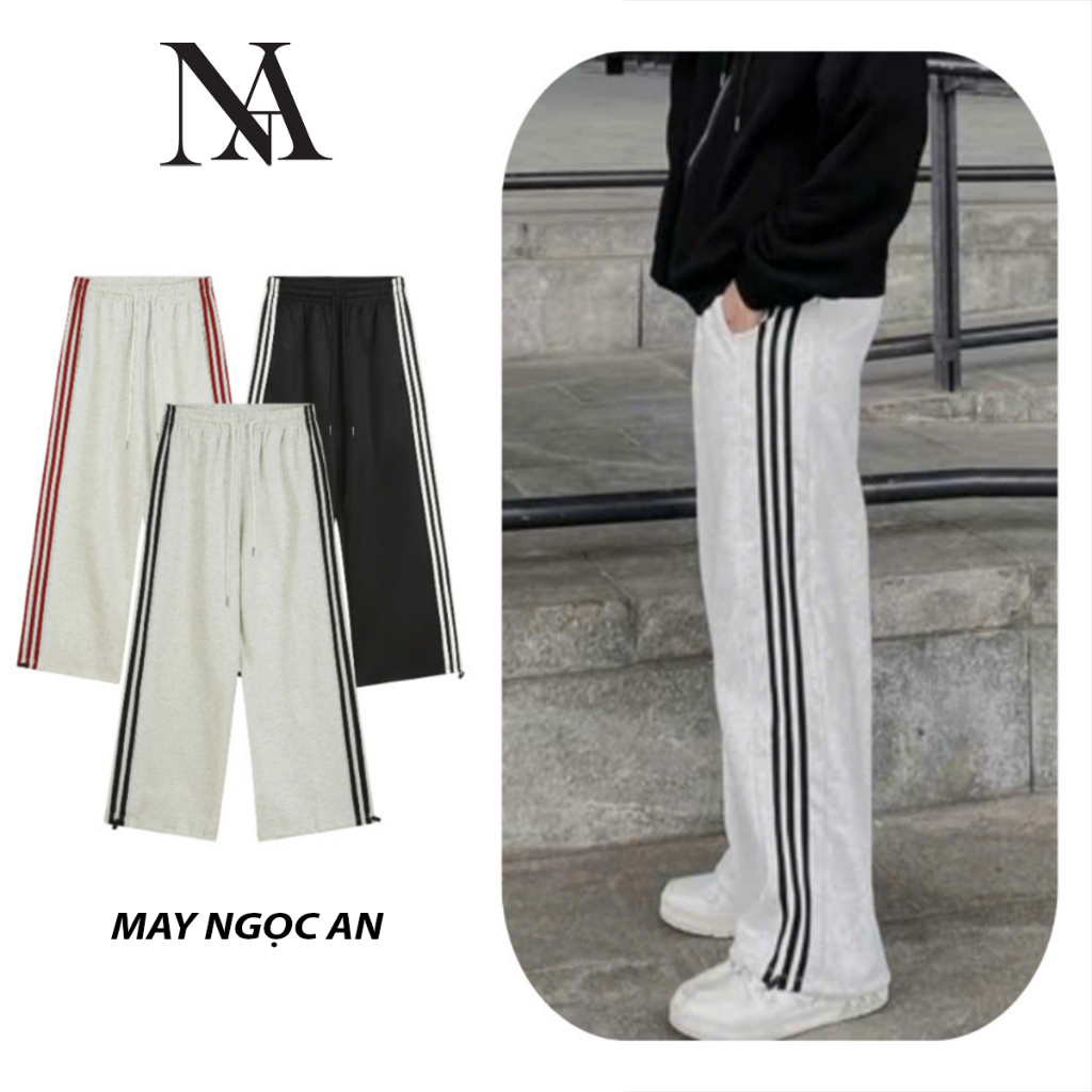 Unisex ตรงกางเกงขากว้างผ้าฝ้าย Felt ผ้า 3-Stripes Design with Drawstring Sportswear AUTINS STORE Q3S