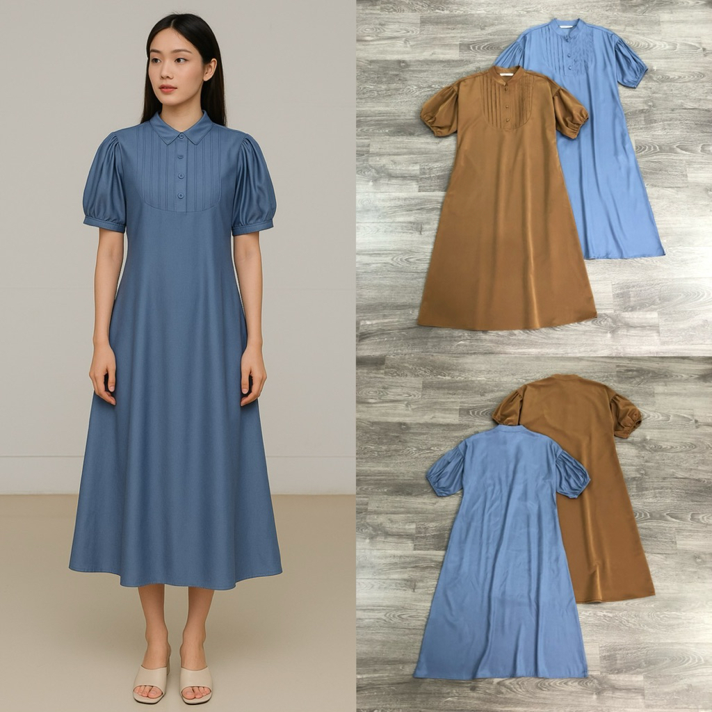 THE HIFU - เดรสทรงตรงคอรถไฟพร้อมแขนพัฟกระเป๋า 2 สี