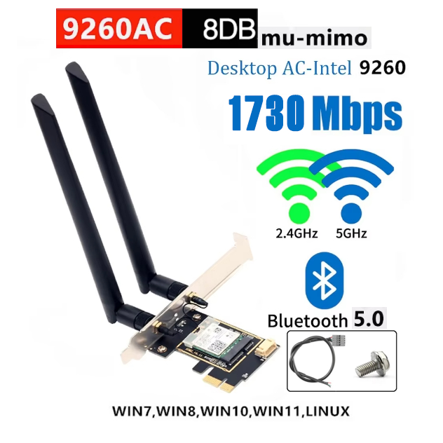 ชุดการ์ด Wifi Intel AC 9260 5GHz พร้อมบอร์ดสั้นและสูง Bluetooth 5 ในตัวสําหรับพีซี,Tiny,SFF,MiniPC,แ