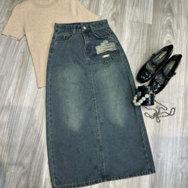 กระโปรงยีนส์ขาดยาวมีกระเป๋าครึ่งตัว [AN TAY STORE68] 7384