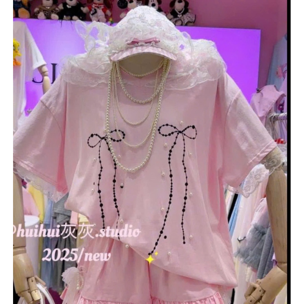 HUI HUI Newtag เสื้อยืดลูกไม้สีชมพู