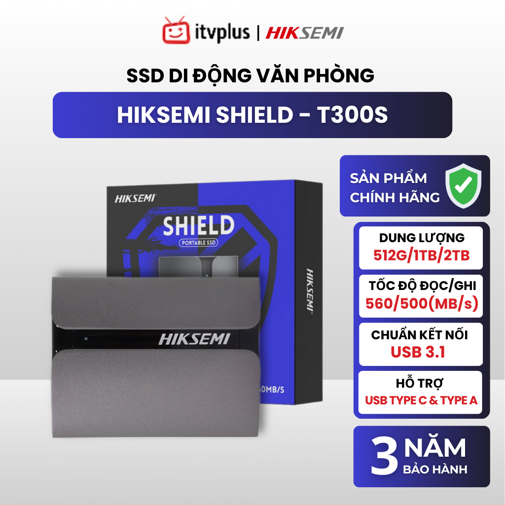 Hiksem Shield T300S Portable SSD 512GB/1TB/2TB - อ่านและเขียน 560/500 MB/s ของแท้ 3 ปี