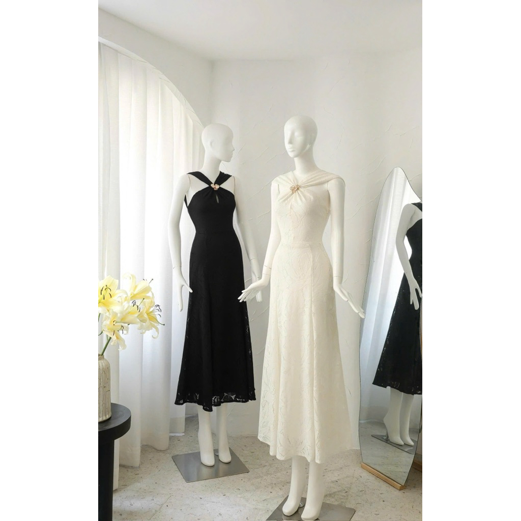 ชุดเดรสคล้องคอลูกไม้ลายดอกไม้หรูหรา-HKT2T-STORE