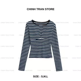 เสื้อยืดลายทางแนวนอนแขนยาวผู้หญิงเซ็กซี่ขั้นพื้นฐาน - Chinh Tran Store