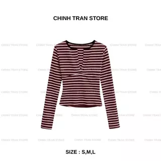 เสื้อยืดลายทางแนวนอนแขนยาวผู้หญิงเซ็กซี่ขั้นพื้นฐาน - Chinh Tran Store