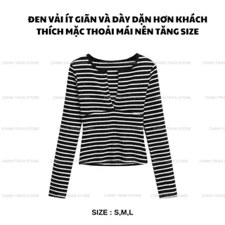 เสื้อยืดลายทางแนวนอนแขนยาวผู้หญิงเซ็กซี่ขั้นพื้นฐาน - Chinh Tran Store