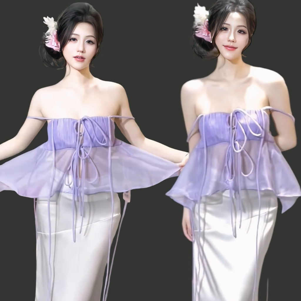 เสื้อท็อปคล้องคอเว้าหลังคุณภาพสูงผ้าไหมพรมสุดหรู-404