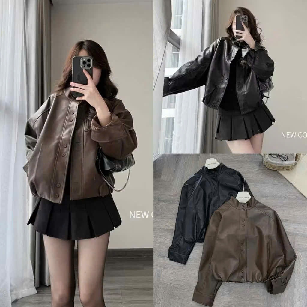 เสื้อแจ็คเก็ตหนังผู้หญิง Ulzzang โครเชต์ Retrostyle Bomber Boxy หลวมแบบ Turn-down Collar พร้อมปุ่มหลายปุ่มสําหรับโรงเรียนและทํางานกลับไปโรงเรียน