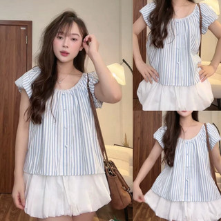 [NHÀ TẸO] Áo babydoll kẻ sọc trễ vai phối ren cúc bọc ZINA TOP - DÀNH CHO NỮ