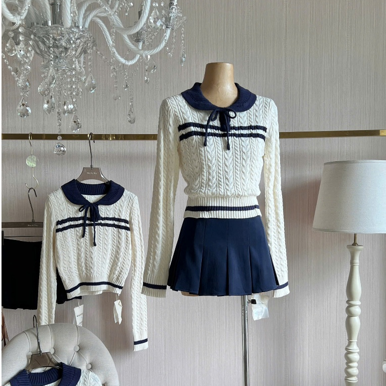 LINHHOANG เสื้อสเวตเตอร์ crt คอปกบัวสีน้ําเงิน DBD1688 เสื้อท่อนบนผู้หญิง