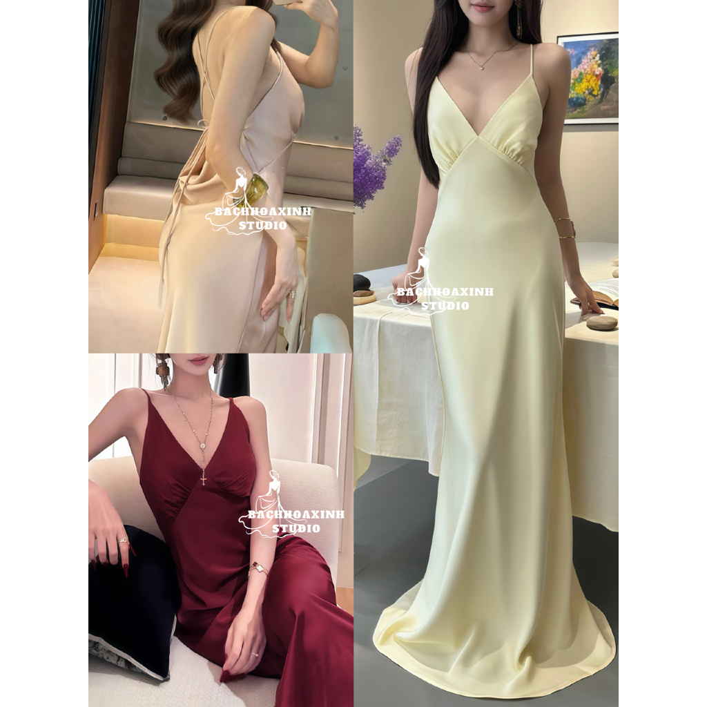 พร้อมควัน || เดรสผ้าไหมยาวคอวี 2 สายหรูหราเปิดหลังและสายปาร์ตี้เย้ายวน