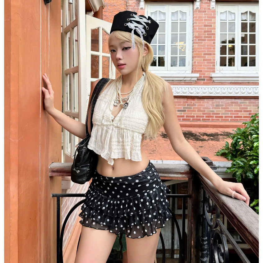 AREUM POLKA DOT กระโปรงมินิตาข่าย POLKA DOT เอวต่ํา [พร้อมกางเกงป้องกัน]