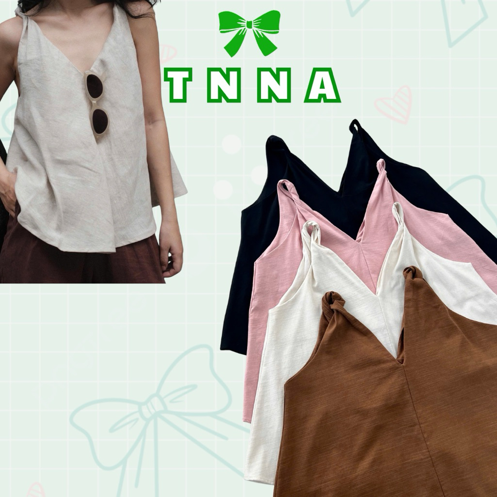 TNA_ เสื้อกล้ามผ้าลินินทรงหลวมสําหรับผู้หญิงพร้อมสายรัดเกลียว-เสื้อคล้องคอทรงหลวมพื้นฐานสําหรับใส่เท