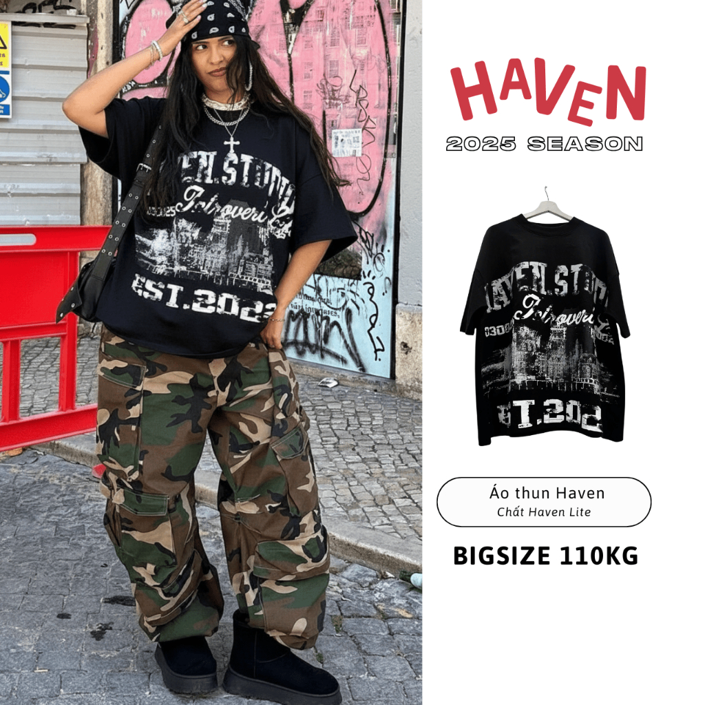 HAVEN STUDIO Introvert Life Form Boxy Streetwear เสื้อยืดพิมพ์ลายตัวอักษรสีดําและสีขาวสําหรับผู้ชายแ