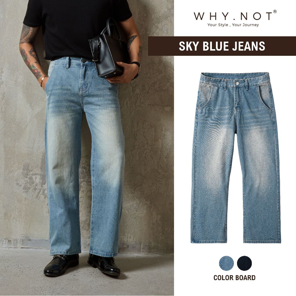 [WHY.NOT x SALIM] WHY.NOT SKY BLUE BOYFRIEND JEAN กางเกงยีนส์ขาตรงผู้ชาย - กางเกงยีนส์ขากว้างสําหรับ