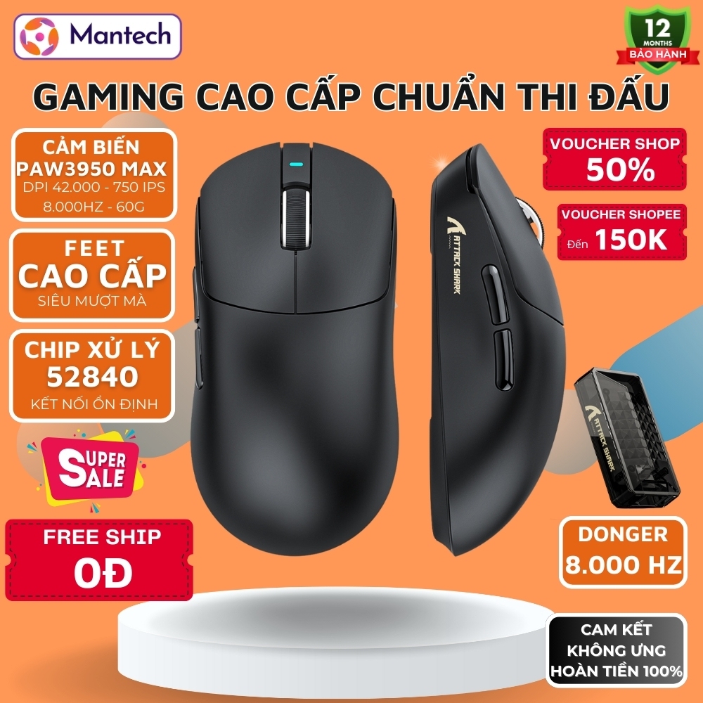 เมาส์เล่นเกมไร้สาย Attack Shark X8 Ultra - แสงอัลตร้า 55g, DPI 42,000, Polling 8,000, PAW3950MAX