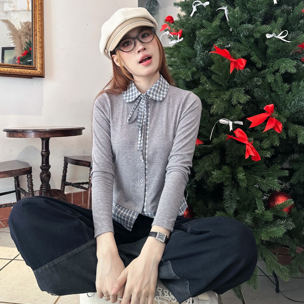 (HAVANA) เสื้อยืด MELLY ปลอม 2 ชั้น คอปกเชิ้ตลายตารางหมากรุก ATH674