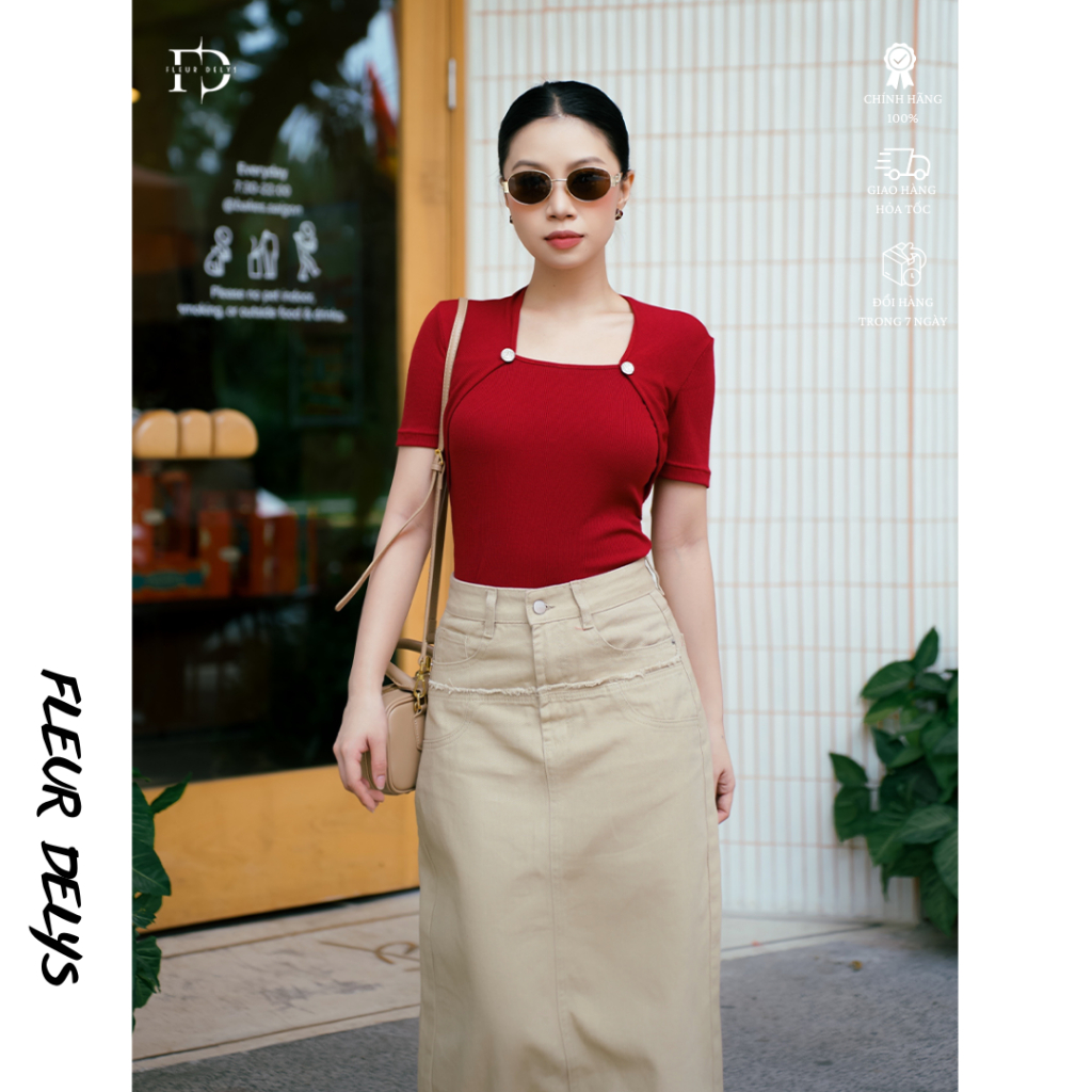 Fleleurdelys เสื้อยืดแขนสั้นผู้หญิงสีแดงคอปกสี่เหลี่ยมและปุ่ม DLC256