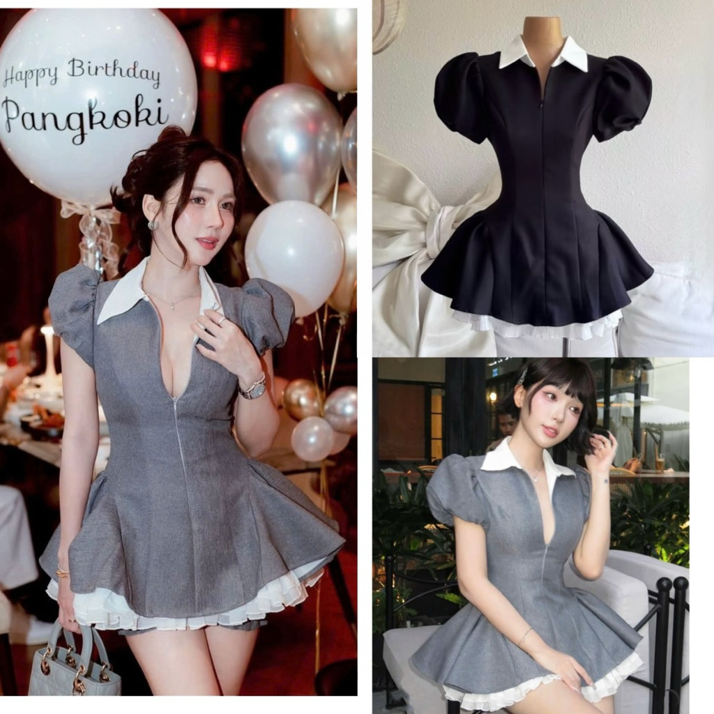 [ HCM EXPRESS ] SEXY FRONT ZIPPED SHIRT COLLAR LADY DRESS WITH FLUFFED LACE