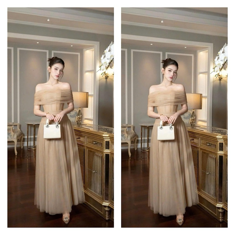 ชุดคอร์เซ็ทเอวบานตาข่ายผ้าชีฟองเปิดไหล่ยาวสไตล์หรูหราชุดเดรสปาร์ตี้แฟชั่นสตรี