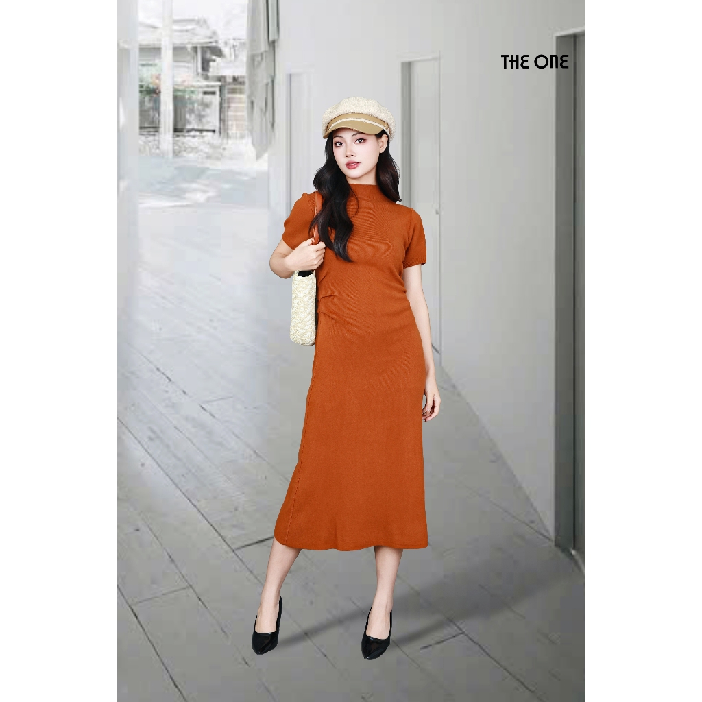 เดรสผ้าวูลสีเหลืองสีน้ําตาลแขนยาวคอปก 3F เอวจับจีบ DL50NDA