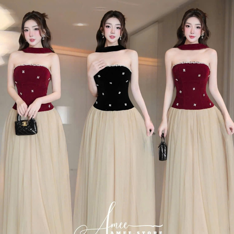 เดรสกํามะหยี่คอโช้คเกอร์ตัดขอบสายหินพร้อมป้ายตาข่ายบาน09 Xiu