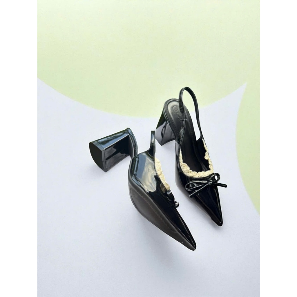 HIGH HEEL SANDAL- SD 184- zinzin868- รองเท้าแตะลูกไม้ส้นเหลี่ยม หัวแหลม โบว์สวย - แบบมาตรฐาน