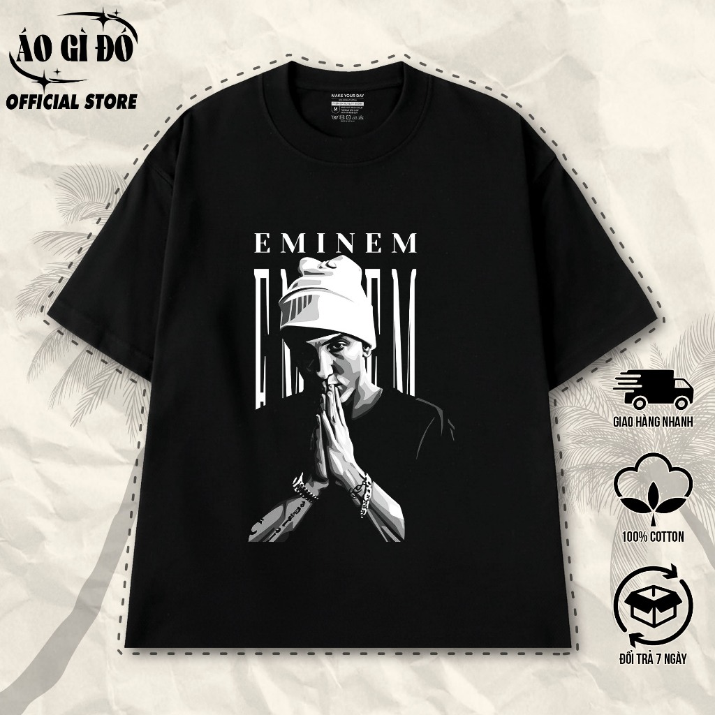 Eminem Slim Shady Portrait Poster เสื้อยืด, Hip Hop แขนสั้นคอกลม Oversize ผ้าฝ้าย 100%