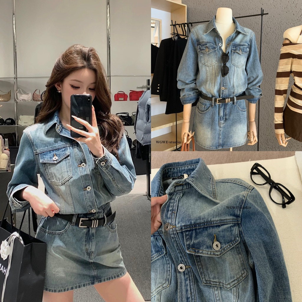 NHY.studio /WGWE/ กระโปรงยีนส์จั๊มสูทพร้อมเข็มขัด w7150