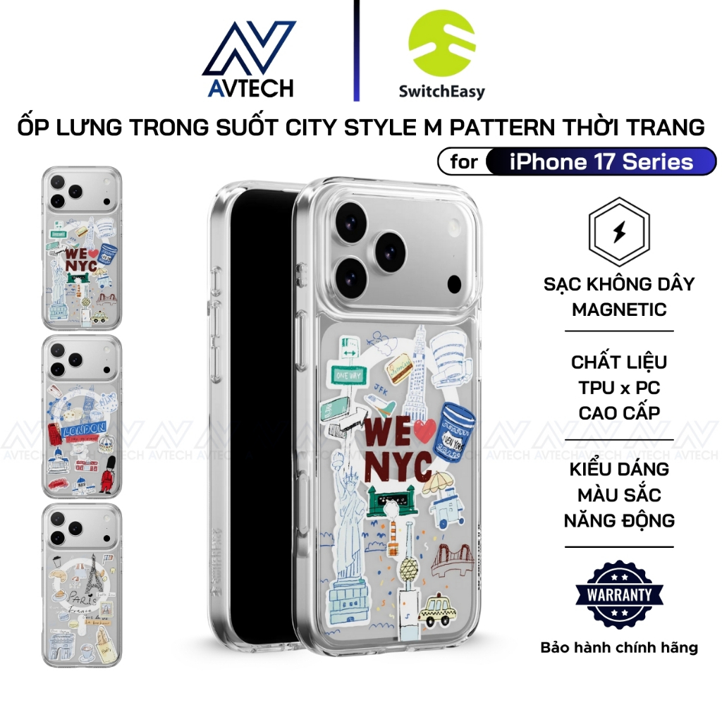 SwitchEasy เคสใสสําหรับ iPhone 17 Pro Max / 17 Pro / 17 Air, ลาย CITY Style M, พิมพ์ 3D, กันกระแทก
