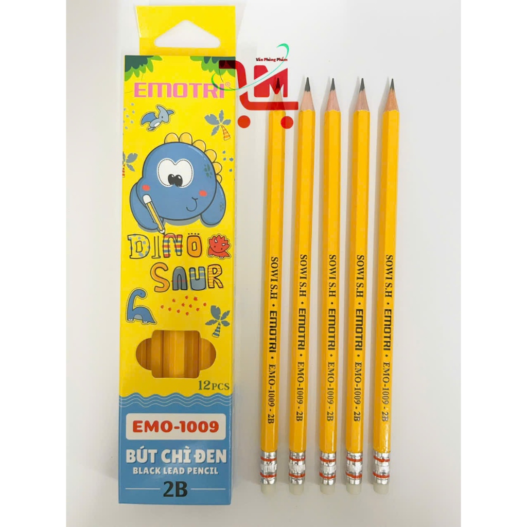 กล่อง 12 ชิ้น EMO-1009 EMOTRI Black Sharpened Pencils 2B Nib เหลาพร้อมหมากฝรั่ง ตัวเครื่องสีเหลือง ล