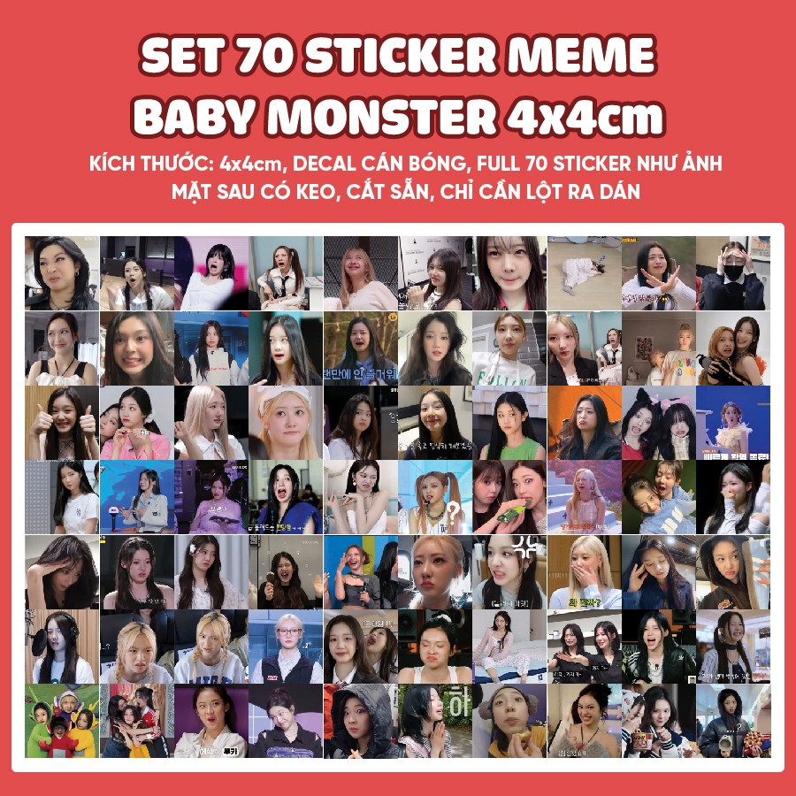 ชุดสติ๊กเกอร์ปิดผนึก MEME BABY MONSTER 70 ชิ้น • สติ๊กเกอร์ MEME BAEMON 4x4cm ตัดล่วงหน้า