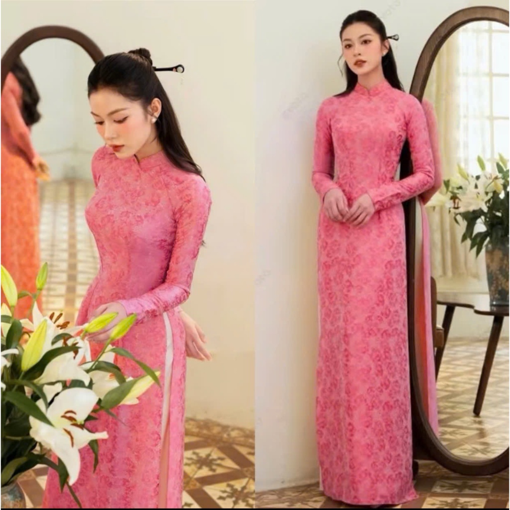 ผ้า Ao Dai ใน Damask แบบดั้งเดิม คอปก 3 ซม. แขนยาว