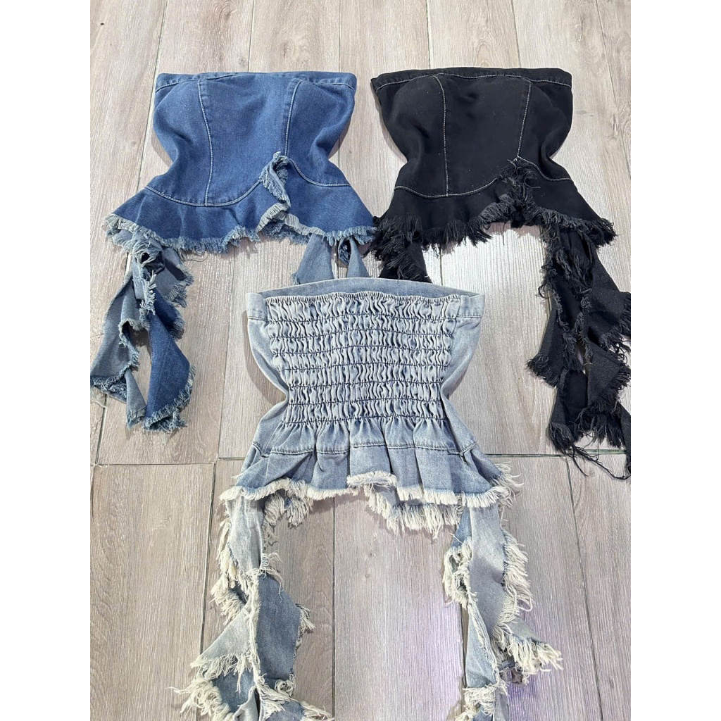 เสื้อยีนส์เกาะอกหางปลาหมึก COTTON O JEAN BREAST CUP ขอบมีแผ่นรองหน้าอกด้านหลัง ขอบเอวยางยืด (HOT NEW