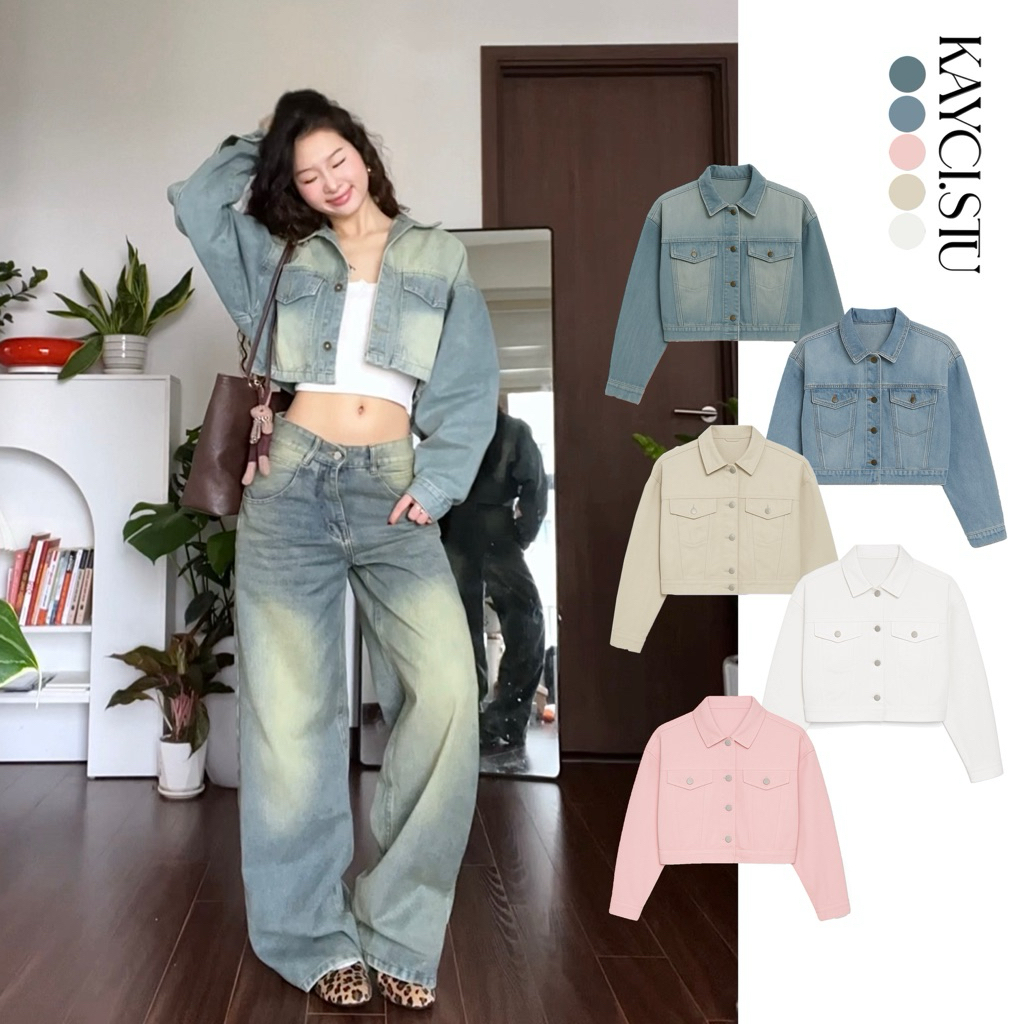 [CROPPED DENIM JACKET] เสื้อแจ็คเก็ตโครเชต์สตรี, แจ็คเก็ตยีนส์สั้นใน Dusty Hack Shape | KAYCI.STU