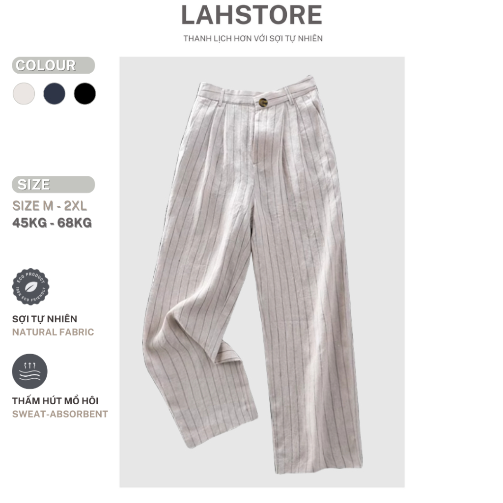 LAHSTORE กางเกงขากว้างผ้าลินินลายทางไม้ไผ่เอวสูงและเอวยางยืด QD11 (สีเบจลายสีดํา,สีดําและสีขาว)