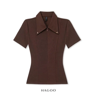 HAGOO เสื้อยืดผู้หญิง คอปก ซิปหน้า แต่งกระดุม ลุคทำงานมินิมอล [A8007]