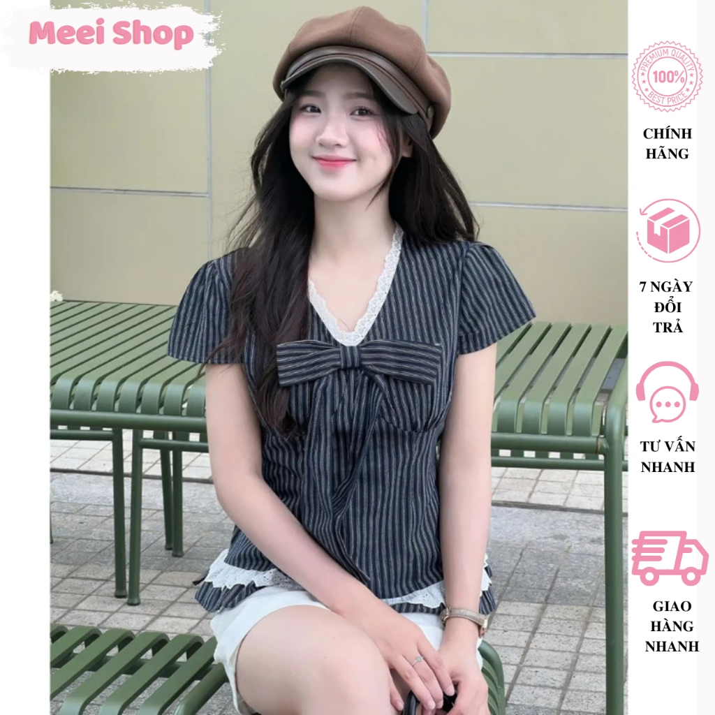 Meei Shop เสื้อลูกไม้คอเต่าลายสก๊อตโบว์น่ารัก,Dex Brand Bear Ruffle Blouse Feminine Summer Fashion-N