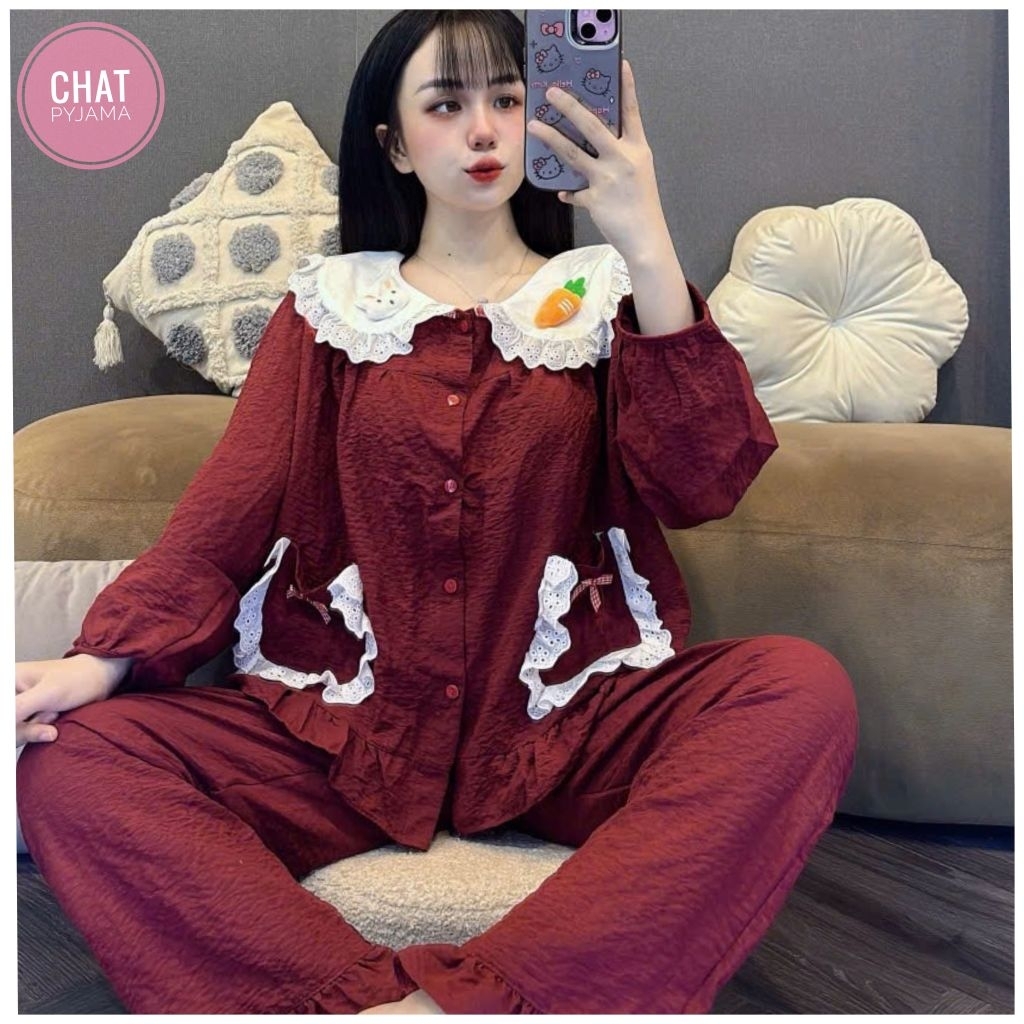 PYJAMA SET LONG SLEEVES LONG PANTS 2-POCKET SHIRT WITH CARROT RABBIT CHAM IN SOFT, COOL FOAM DD88