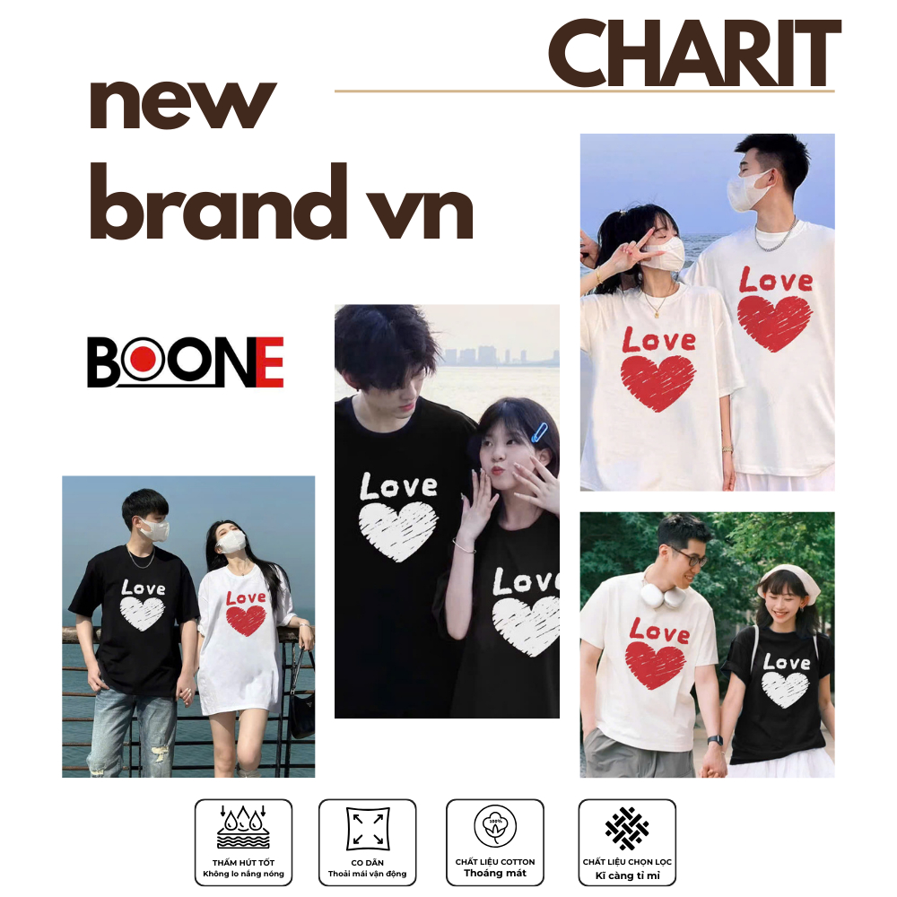 เสื้อยืด Unisex สําหรับผู้ชายและผู้หญิงพิมพ์ลาย LOVE HEART ผ้าคอตตอน 100% - BOONE - BNE00244