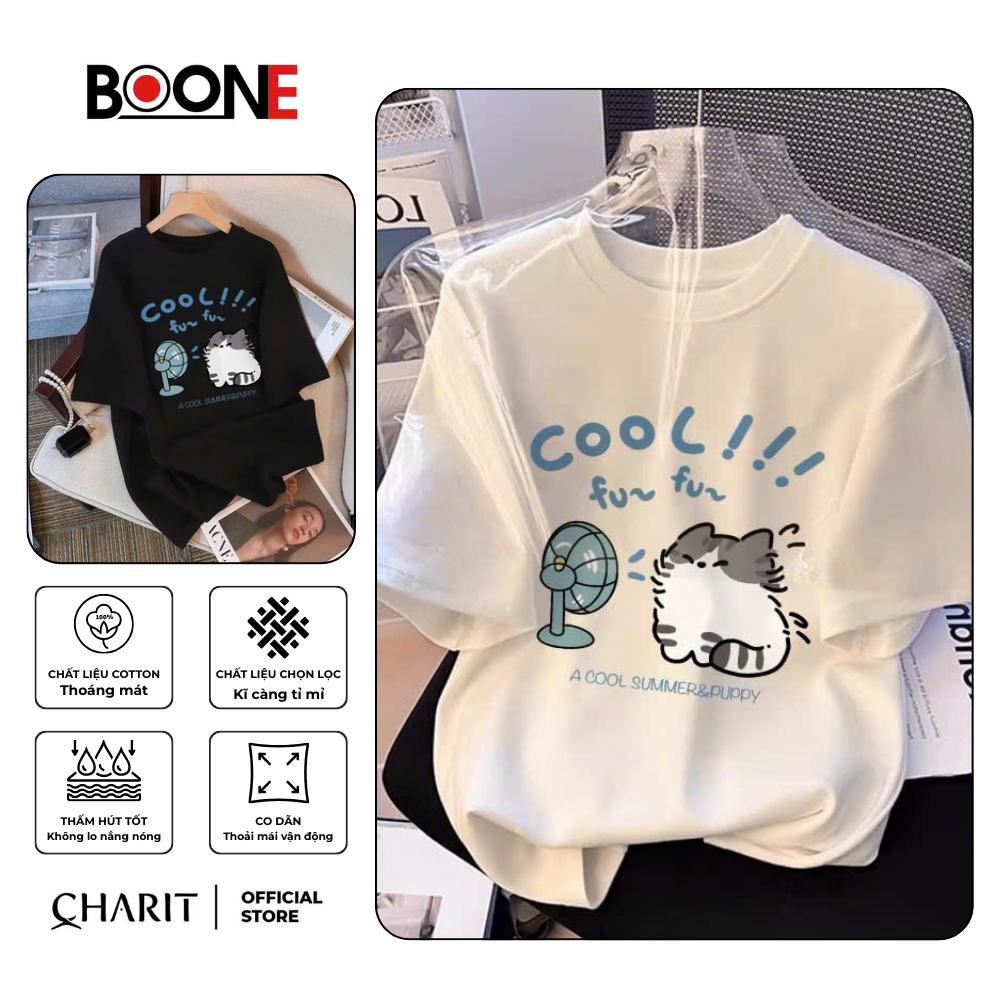 เสื้อยืด Unisex สําหรับผู้ชายและผู้หญิง พิมพ์ลาย COOL CAT ผ้าคอตตอน 100% - BOONE - BNE00176