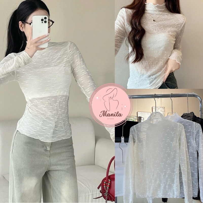 เสื้อกันความร้อนผู้หญิงปักดอกไม้เล็กๆคอคลื่นเลดี้เสื้อยืดแขนยาวลายดอกไม้คอระบาย TUBE SHIRT INCLUDED-MA911 MANILA