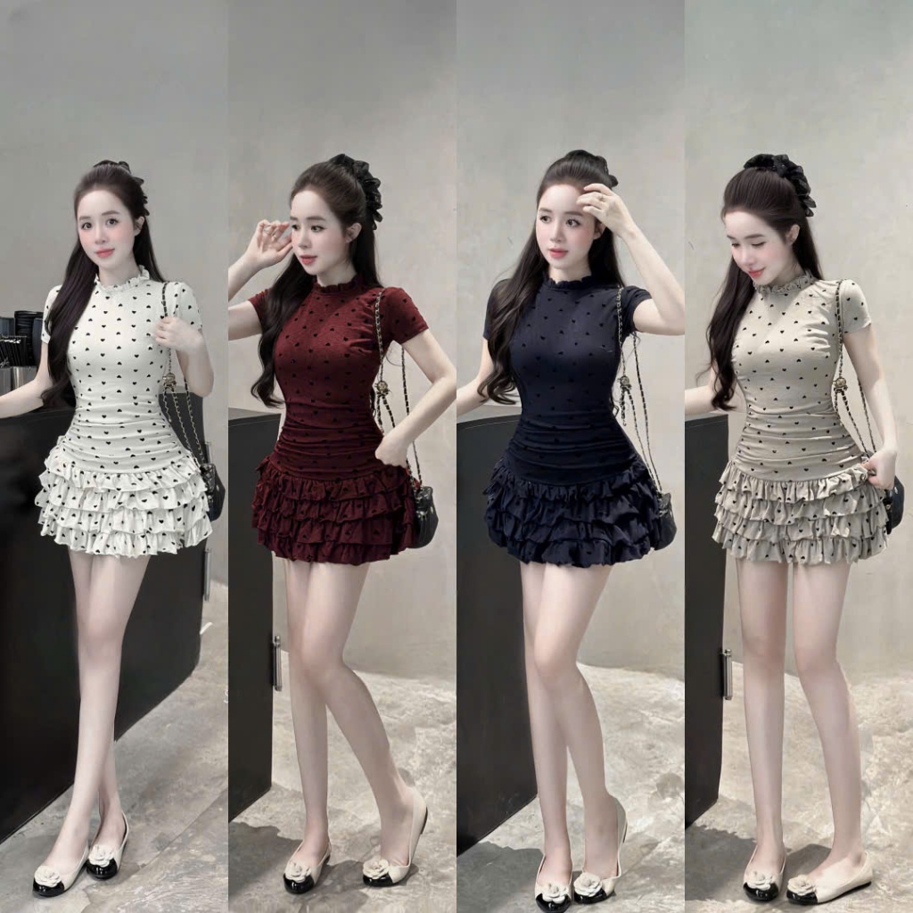 เดรสสั้น-ชุดเดรสผู้หญิงดีไซน์ในคุณภาพ การควบคุมคุณภาพ 4 สีให้แบนหุ่น ออกงาน คอสูง แขนสั้น เดรสบานหัวใจสีดํา มากมาย