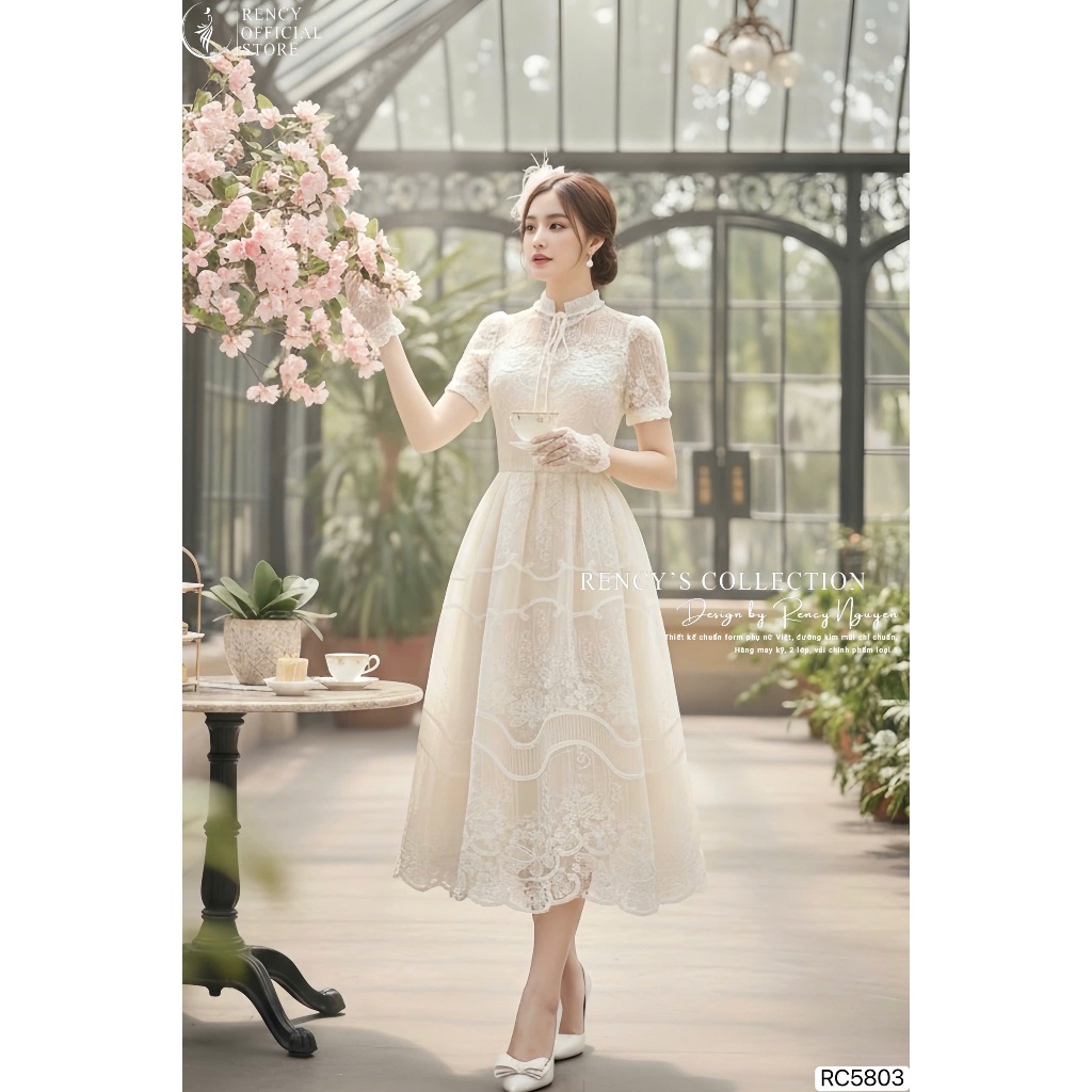 RC5803 เดรสลูกไม้บานครีมยาวประดับมุกอ่อนเยาว์ [TH RENCY] - รูปที่ 4