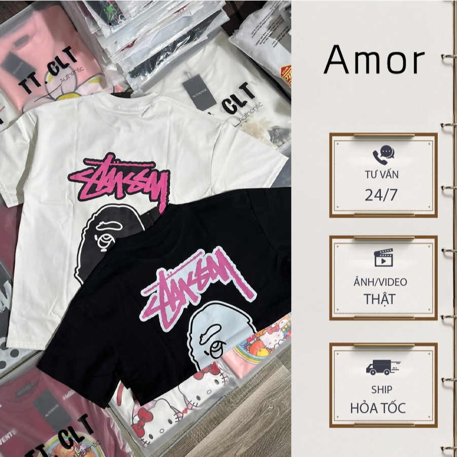Stussy x Bape AMOR Vertical Form 5D เสื้อยืดผ้าฝ้ายพิมพ์ลายความร้อน 2C AM08