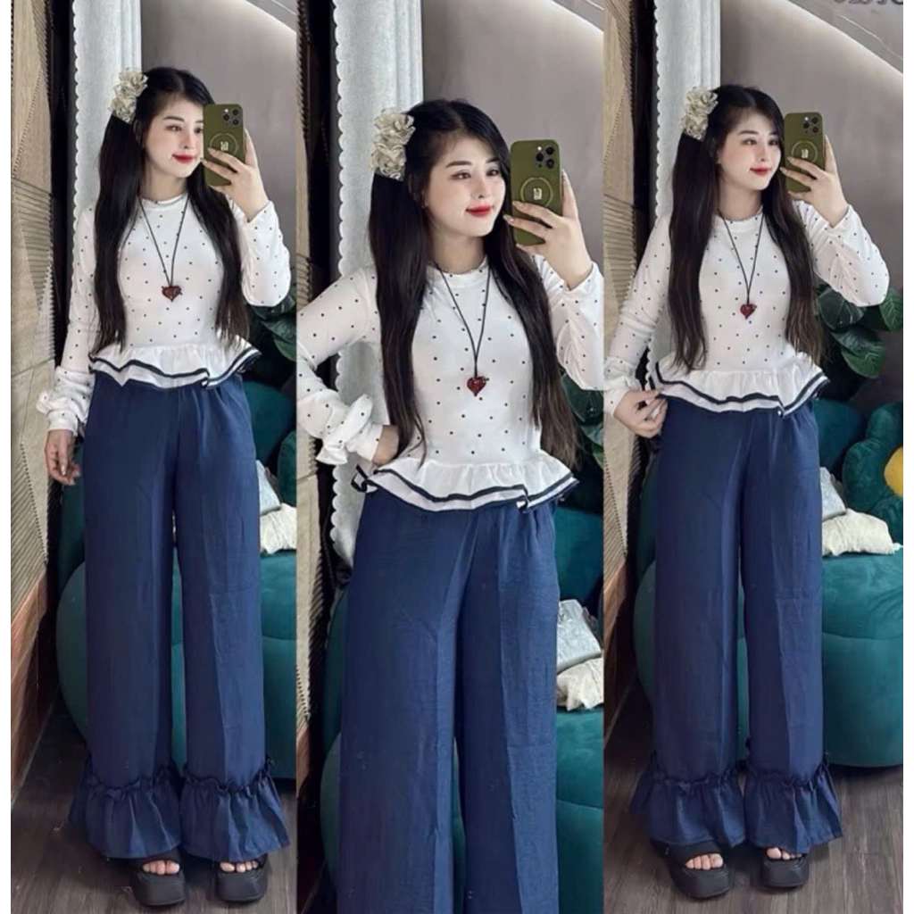 (แถมผ้าผูกผม)เซตแขนยาวลายจุด+กางเกงขาสั้นทรงหลวม แฟชั่นสําหรับผู้หญิงอ่อนเยาว์_-คุณ ที่ เสื้อผ้า โรงงาน