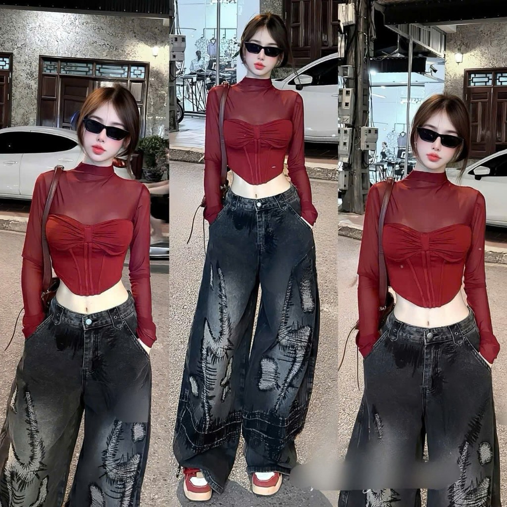 เสื้อยืดผ้าตาข่ายแขนยาวผู้หญิงคอปก 3 ส่วนสไตล์โครเชต์ออกแบบ บอดี้คอน ส่วนบุคคล ADT051