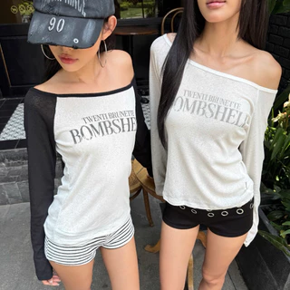 TWENTI เสื้อแขนยาวผ้ายืดบาง ทรงแร็กแลน พิมพ์ตัวอักษร