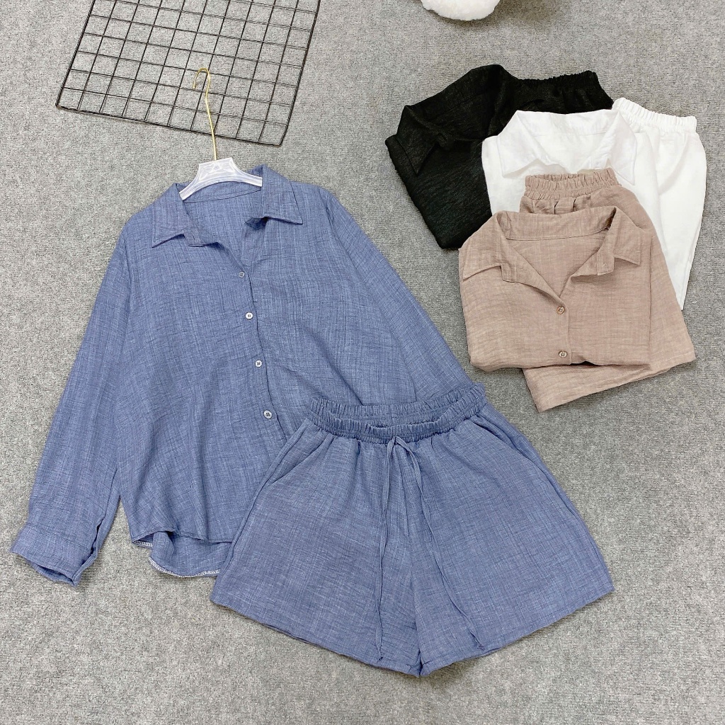 เสื้อเชิ้ตแขนยาวชุดขนาดใหญ่ของผู้หญิง + กางเกงขาสั้นเอวเป็นก้อนในผ้าหลวมเย็น ชุด861